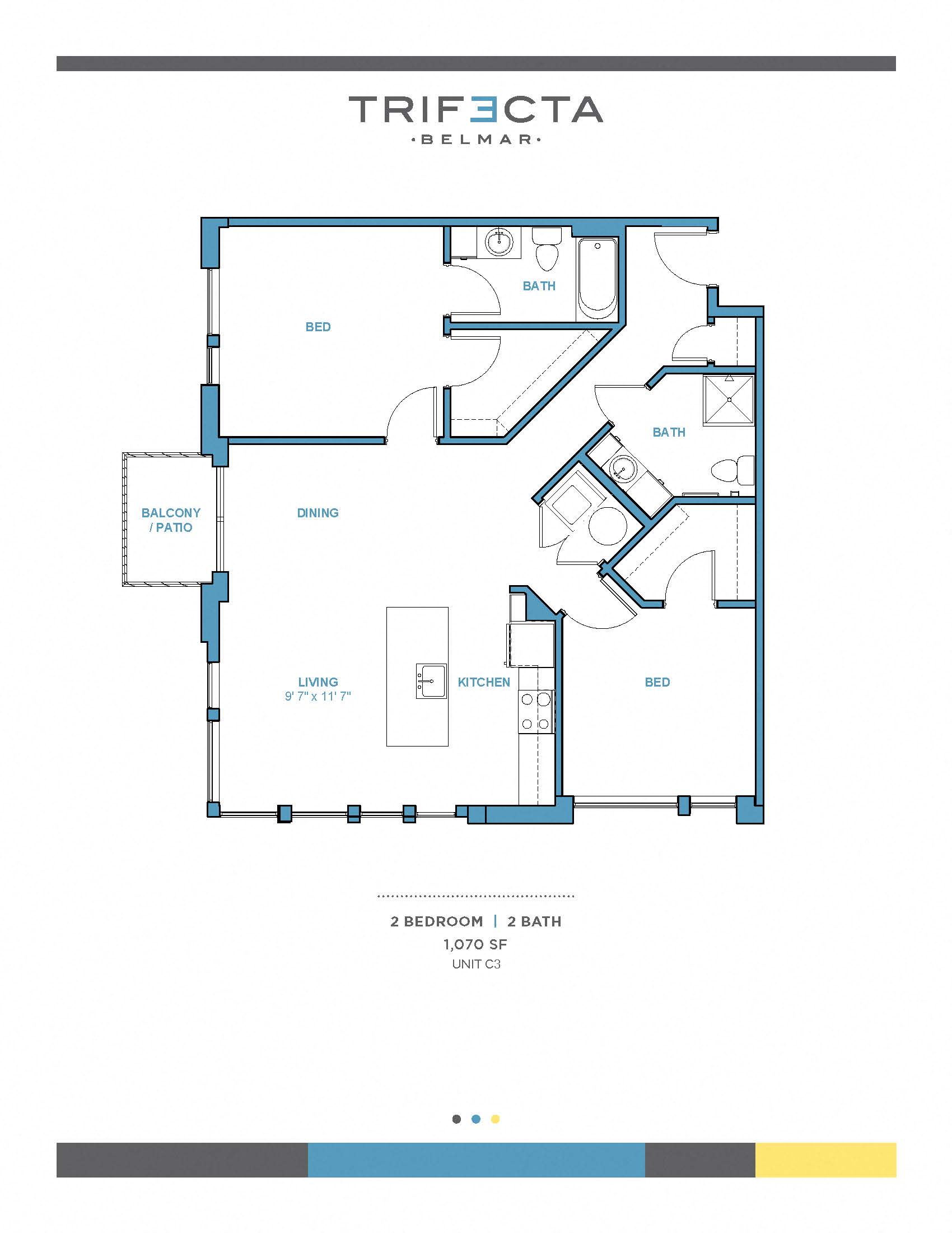 Floor plan for 2 beds, 2 baths, 1070 sqft