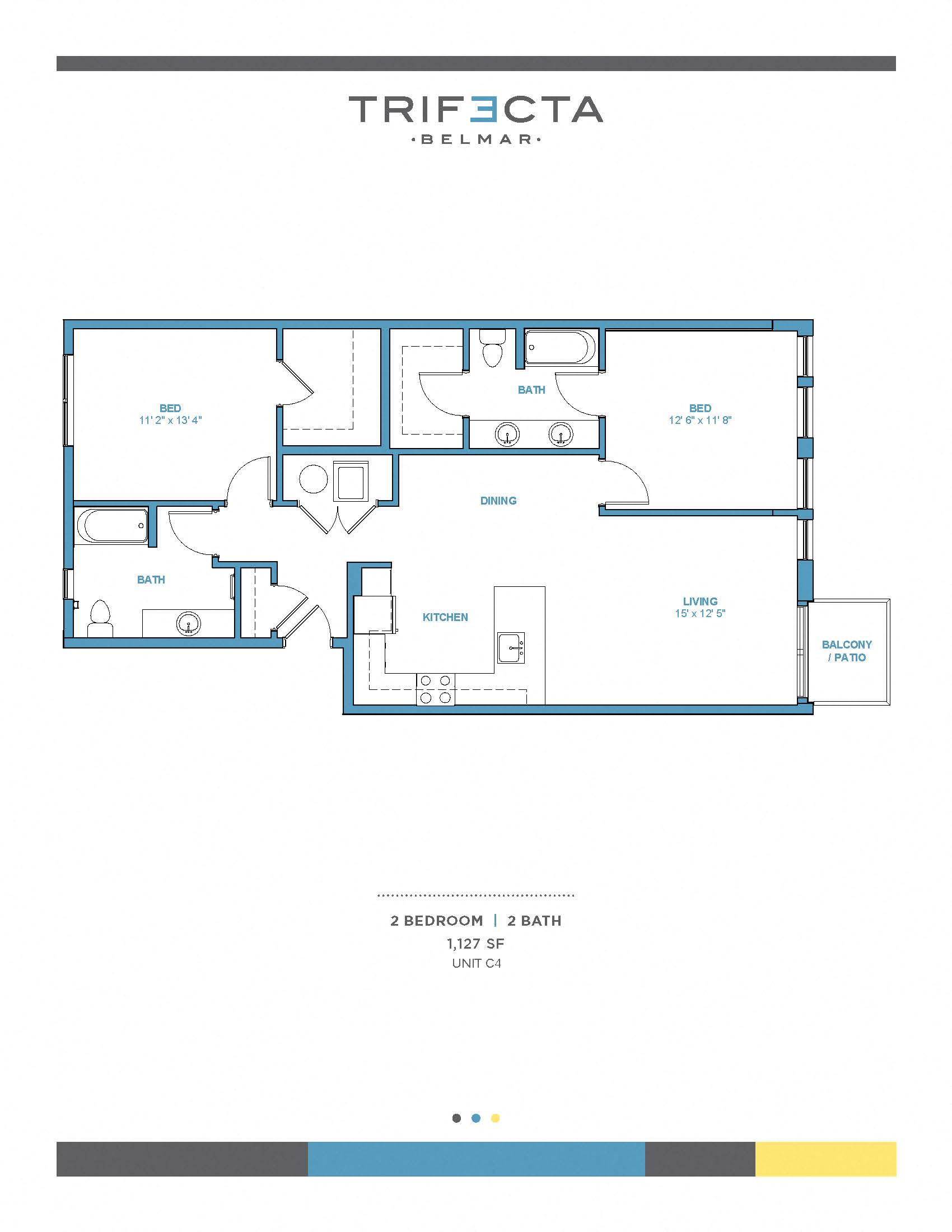 Floor plan for 2 beds, 2 baths, 1127 sqft