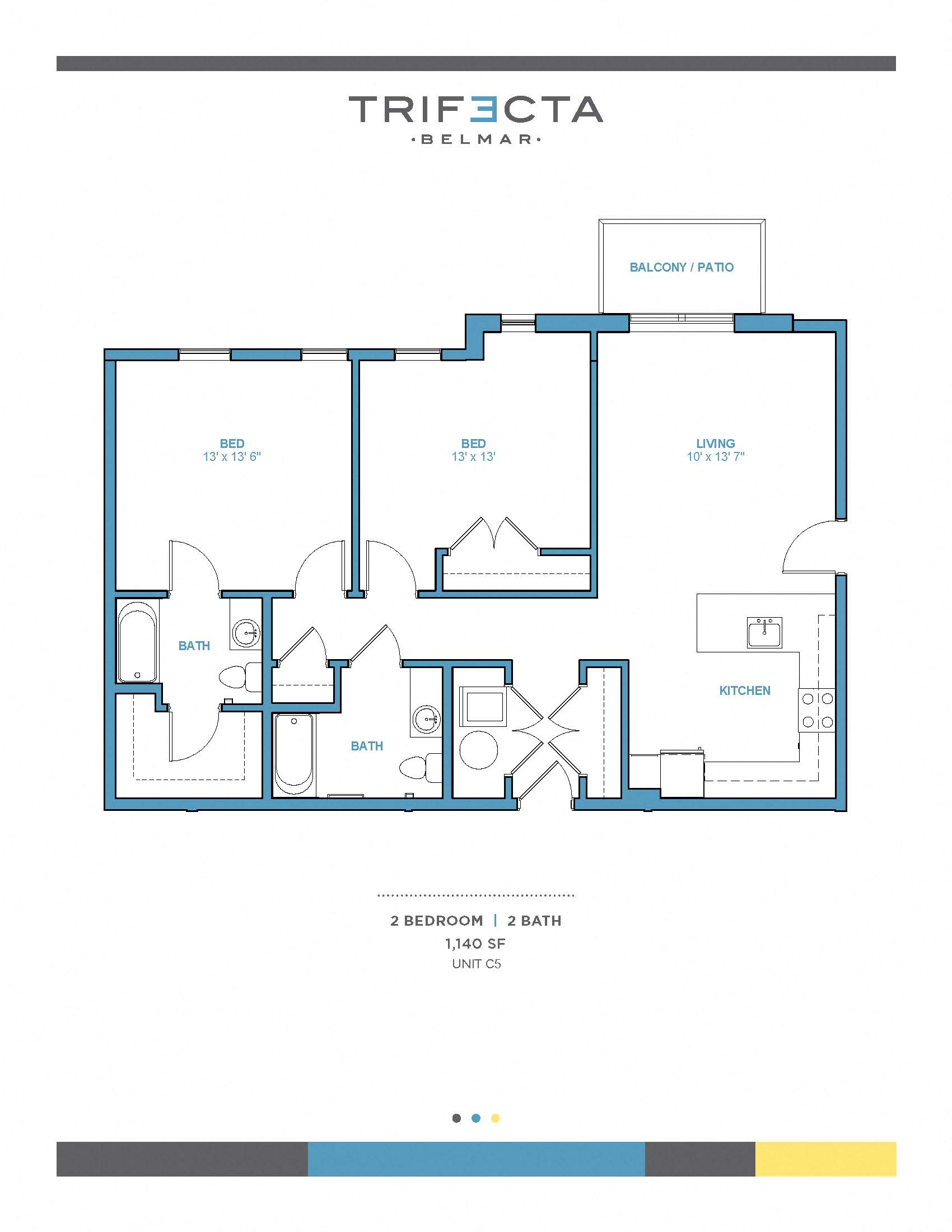 Floor plan for 2 beds, 2 baths, 1147 sqft