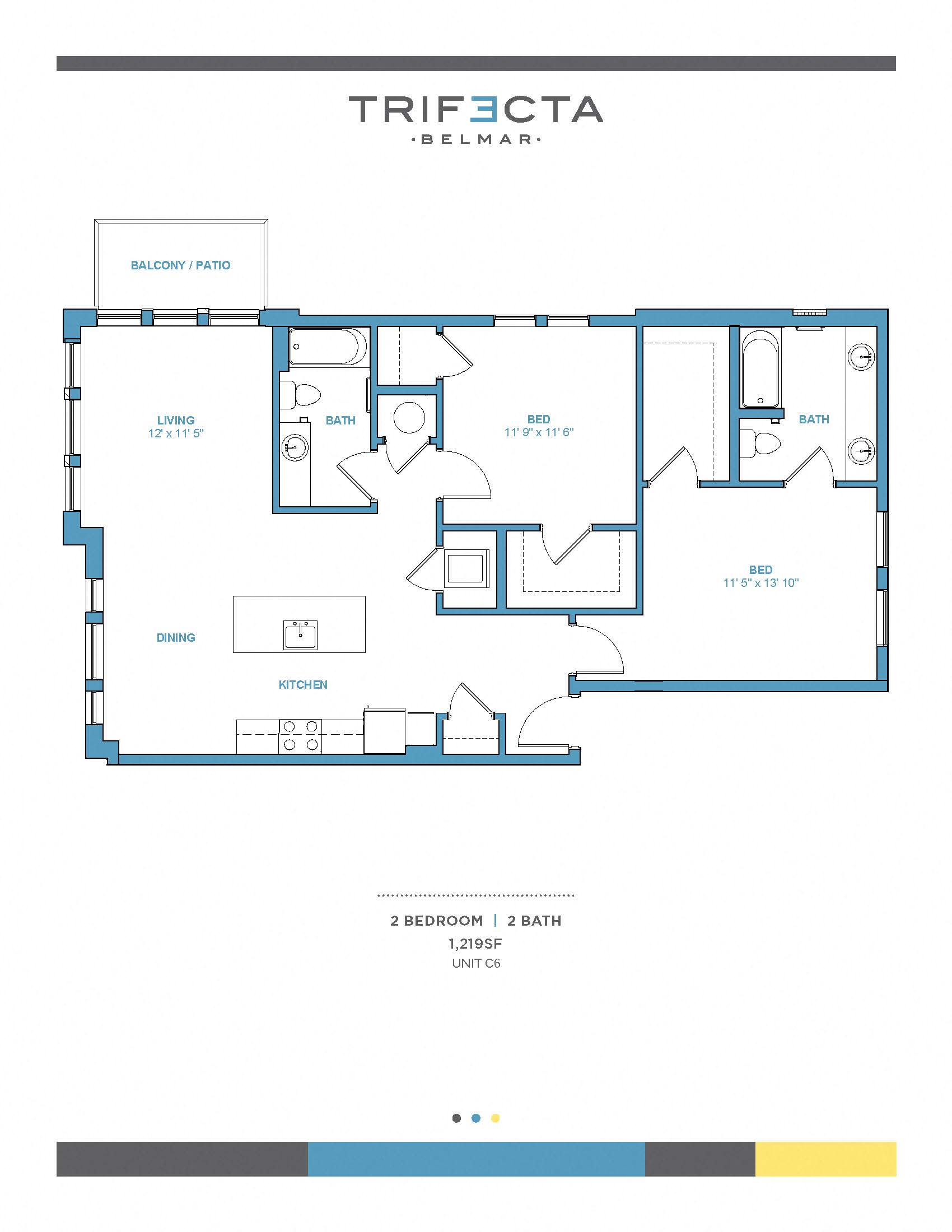 Floor plan for 2 beds, 2 baths, 1219 sqft