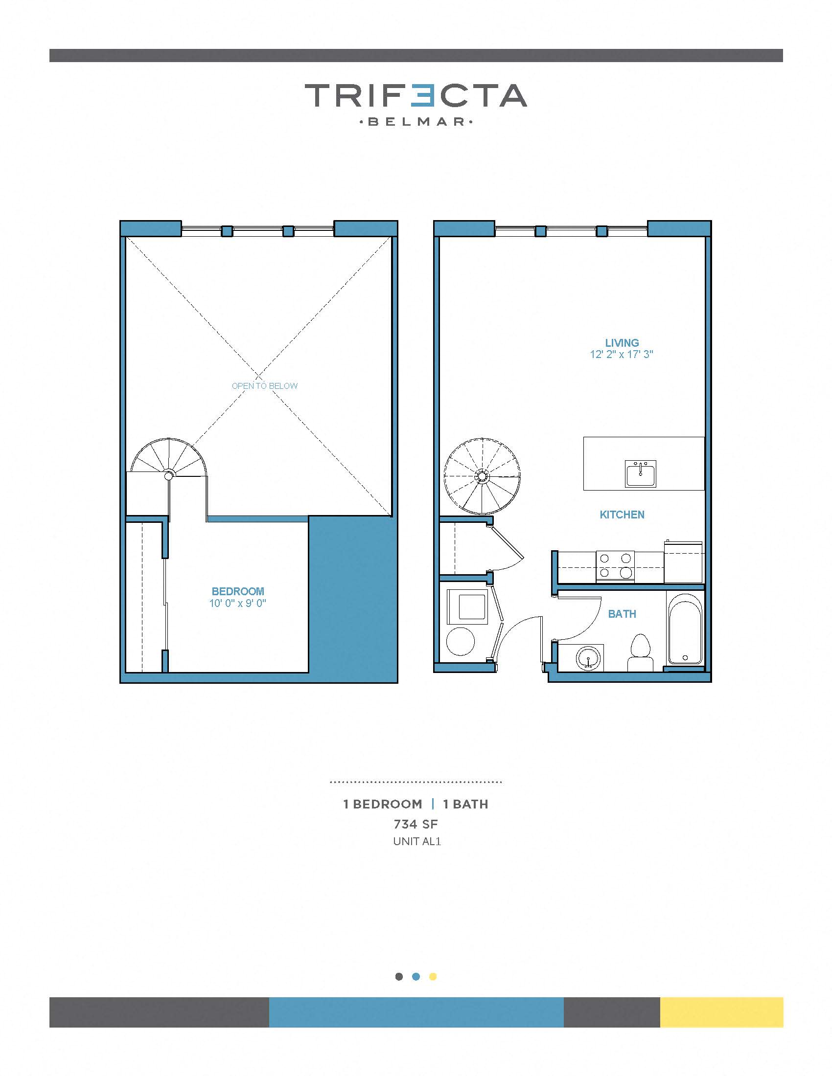 Floor plan for studio, 1 bath, 734 sqft