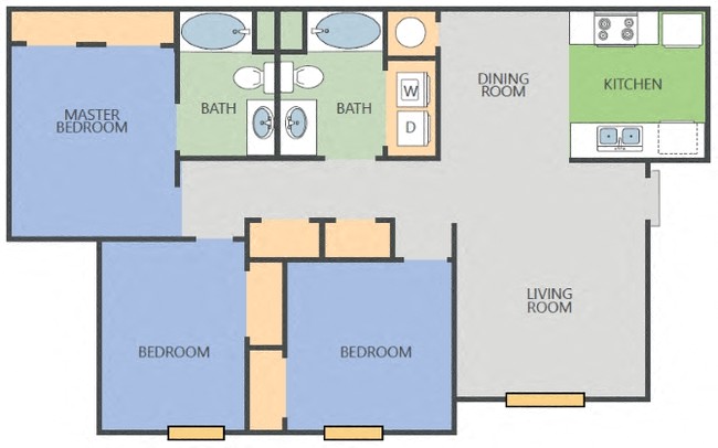 Floor plan for 3 beds, 2 baths, 1104 sqft