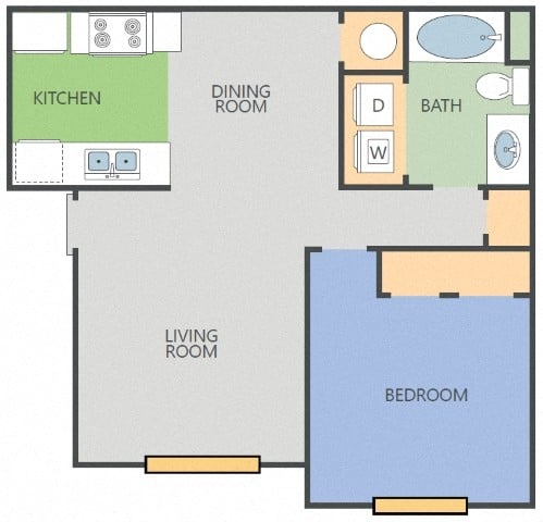 Floor plan for 1 bed, 1 bath, 676 sqft