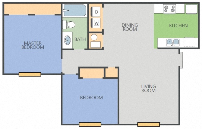 Floor plan for 2 beds, 1 bath, 820 sqft