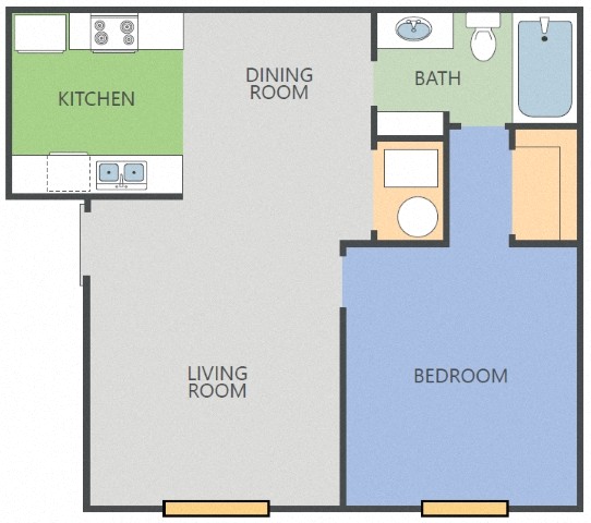 Floor plan for 1 bed, 1 bath, 640 sqft
