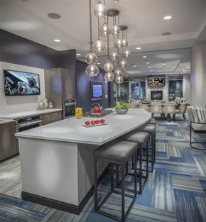 Houston apartment for rent - A modern kitchen with a bar area and a television mounted on the wall.