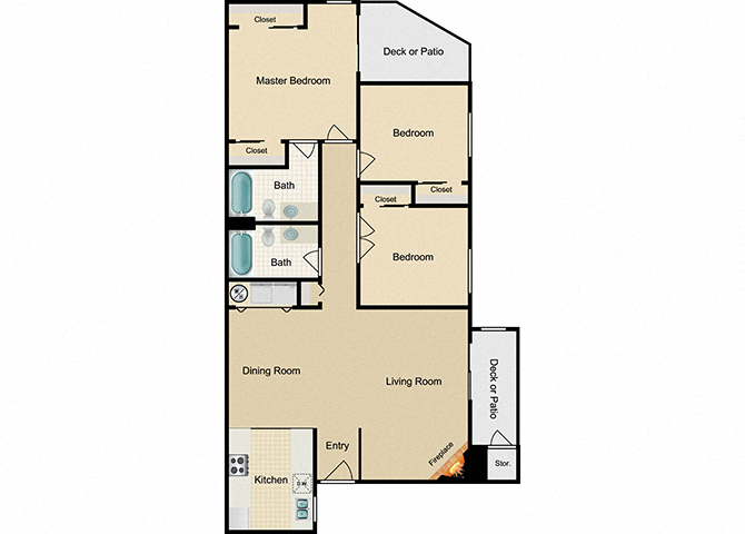 Floor plan for 3 beds, 2 baths, 1250 sqft