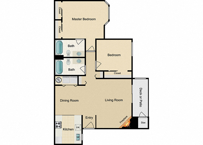 Floor plan for 2 beds, 2 baths, 950 sqft