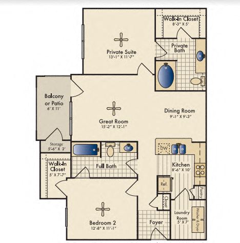 Floor plan for 2 beds, 2 baths, 1088 sqft