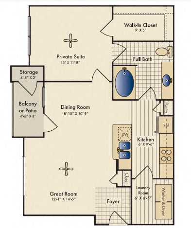 Floor plan for 1 bed, 1 bath, 777 sqft