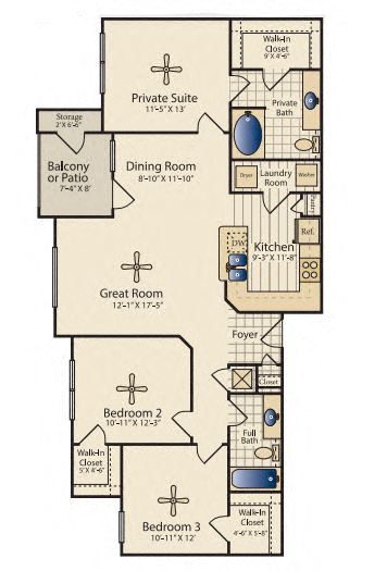 Floor plan for 3 beds, 2 baths, 1277 sqft