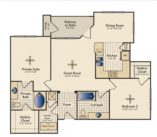 Floor plan for 2 beds, 2 baths, 1120 sqft