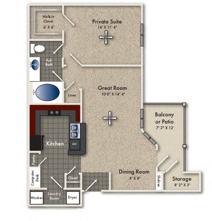 Floor plan for 1 bed, 1 bath, 769 sqft