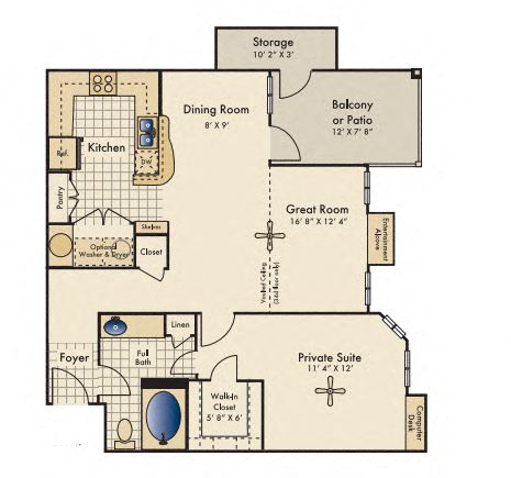 Floor plan for 1 bed, 1 bath, 873 sqft