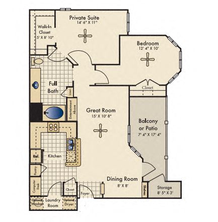 Floor plan for 2 beds, 1 bath, 1002 sqft
