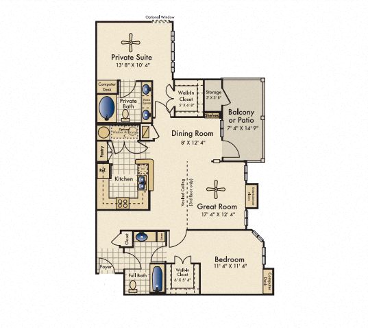 Floor plan for 2 beds, 2 baths, 1196 sqft