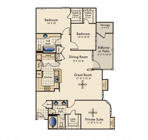 Floor plan for 3 beds, 2 baths, 1341 sqft