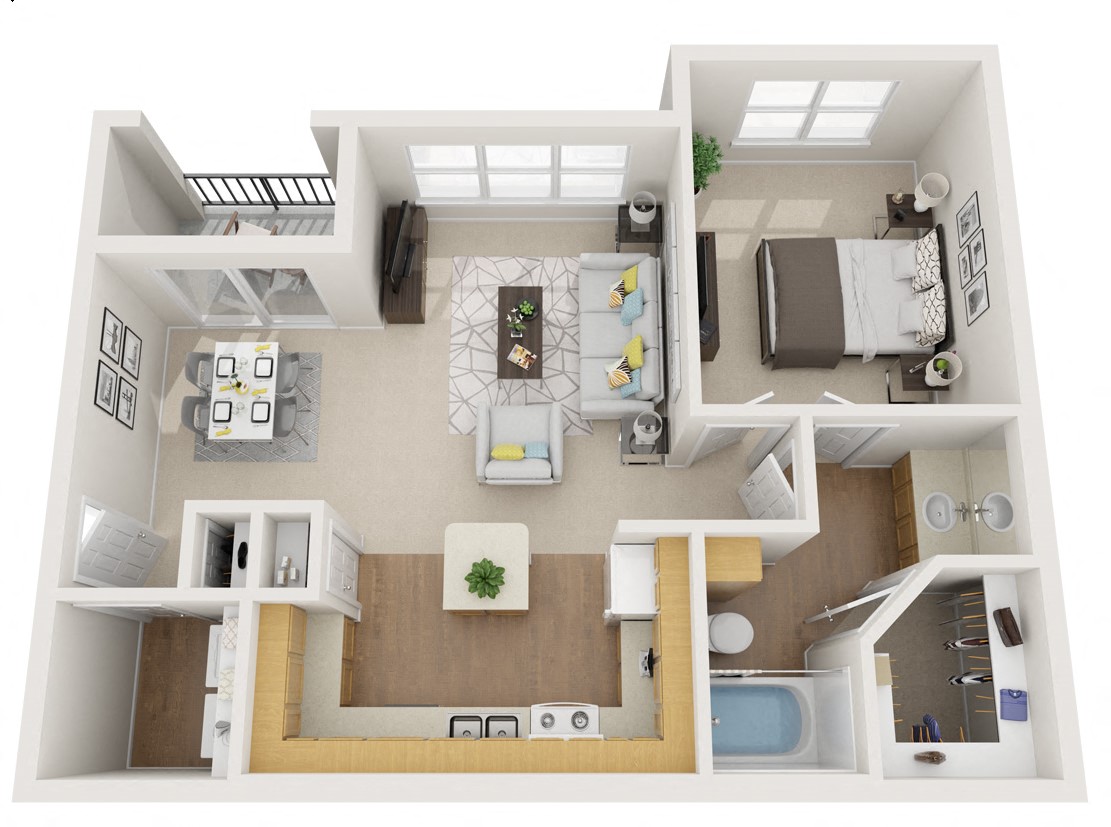 Floor plan for 1 bed, 1 bath, 763 sqft
