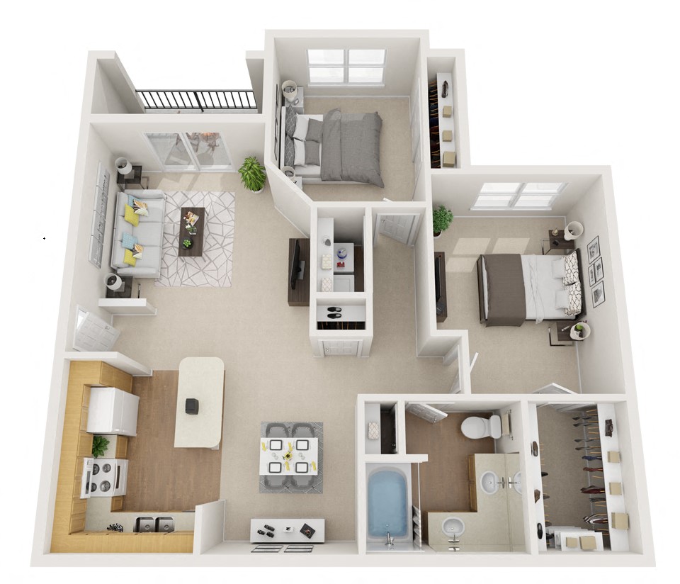 Floor plan for 2 beds, 1 bath, 966 sqft