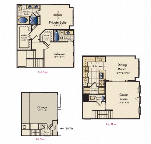 Floor plan for 2 beds, 2 baths, 1376 sqft