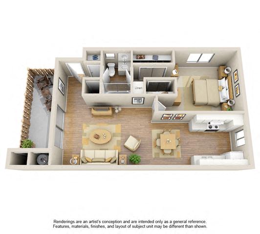 Floor plan for 1 bed, 1 bath, 677 sqft