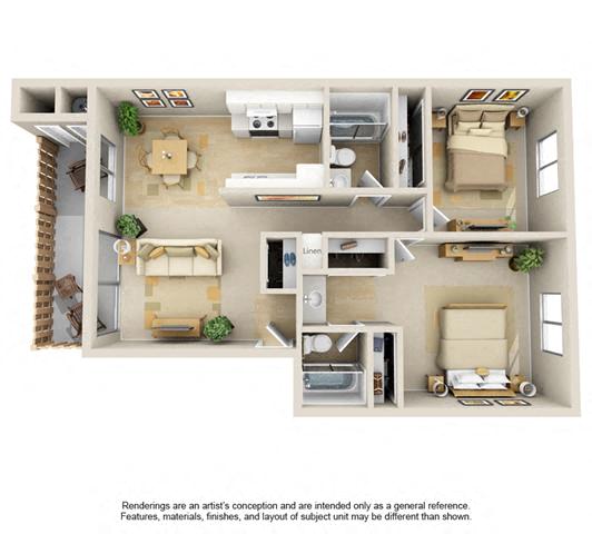 Floor plan for 2 beds, 2 baths, 859 sqft