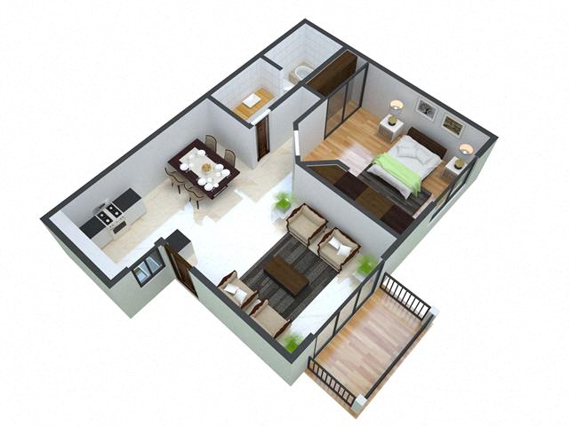 Floor plan for 1 bed, 1 bath, 616 sqft