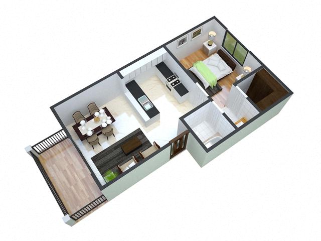 Floor plan for 1 bed, 1 bath, 491 sqft