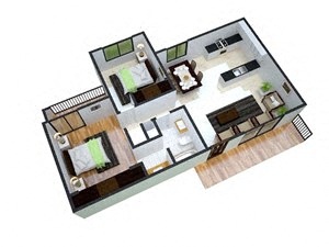 Floor plan for 2 beds, 1 bath, 801 sqft