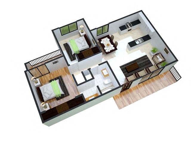 Floor plan for 2 beds, 1 bath, 801 sqft