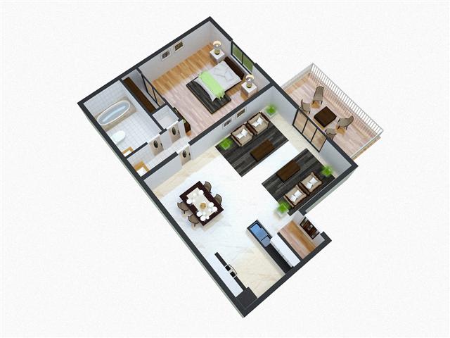 Floor plan for 1 bed, 1 bath, 640 sqft