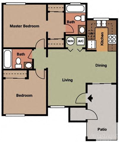 Floor plan for 2 beds, 2 baths, 685 sqft