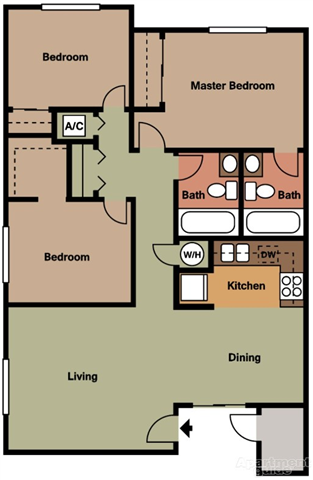 Floor plan for 3 beds, 2 baths, 821 sqft
