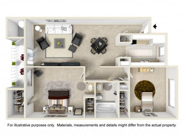 Floor plan for 2 beds, 1 bath, 872 sqft