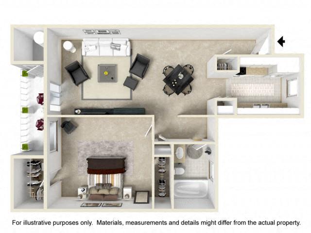 Floor plan for 1 bed, 1 bath, 720 sqft
