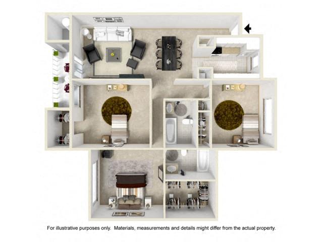 Floor plan for 3 beds, 2 baths, 1136 sqft