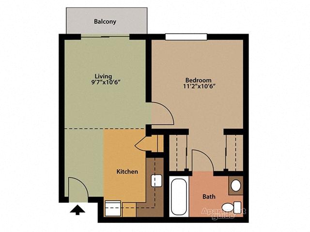 Floor plan for 1 bed, 1 bath, 460 sqft