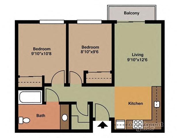 Floor plan for 2 beds, 1 bath, 630 sqft