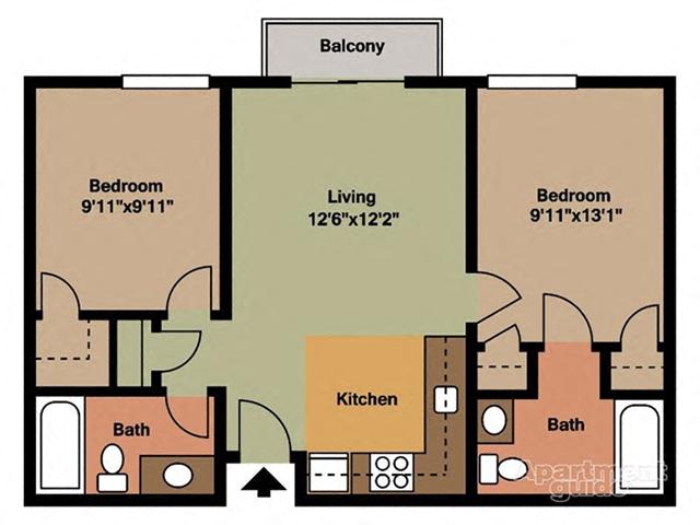 Floor plan for 2 beds, 2 baths, 700 sqft
