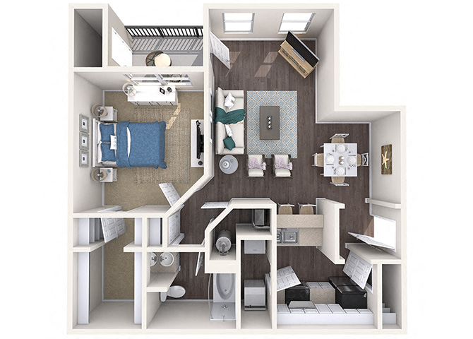 Floor plan for 1 bed, 1 bath, 755 sqft