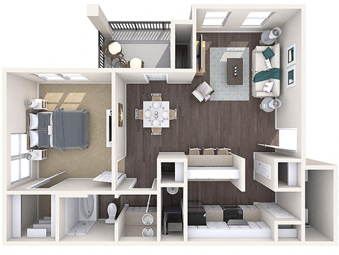 Floor plan for 1 bed, 1 bath, 764 sqft