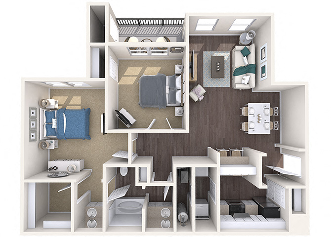 Floor plan for 2 beds, 1 bath, 980 sqft
