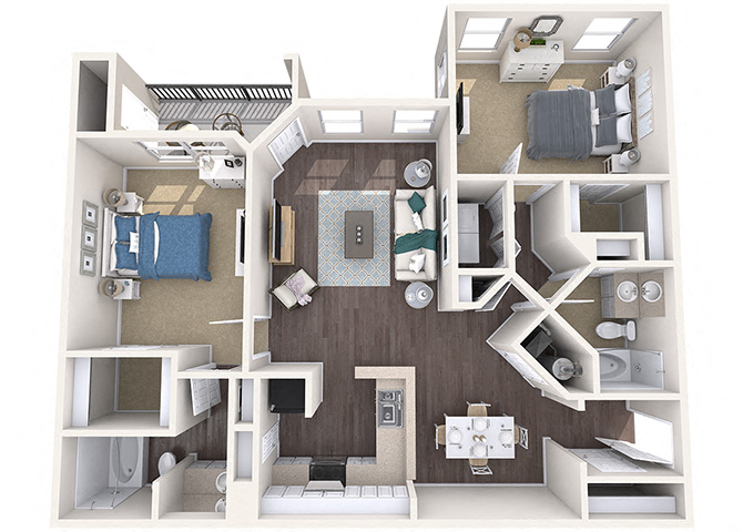 Floor plan for 2 beds, 2 baths, 1134 sqft