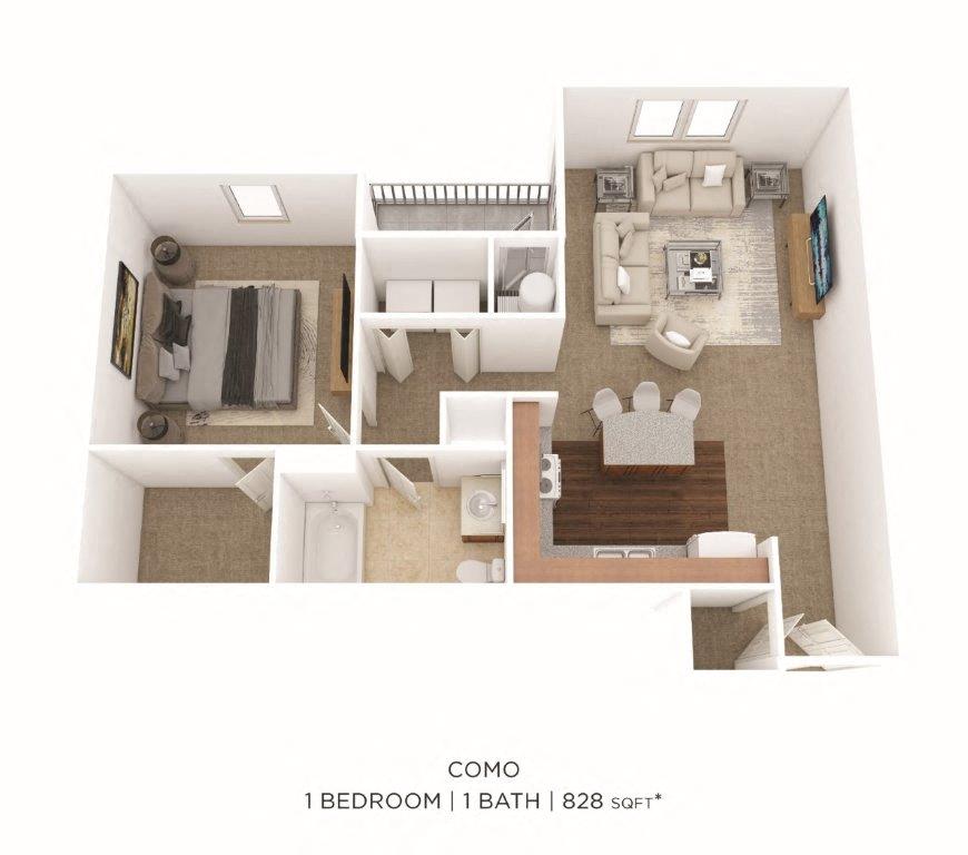 Floor plan for 1 bed, 1 bath, 828 sqft
