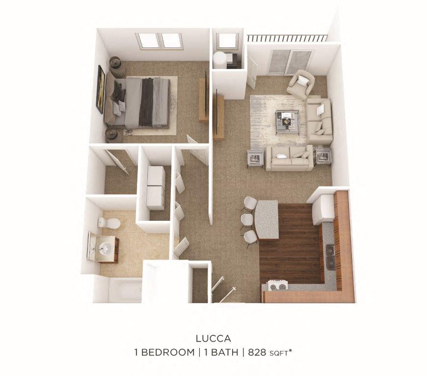 Floor plan for 1 bed, 1 bath, 828 sqft
