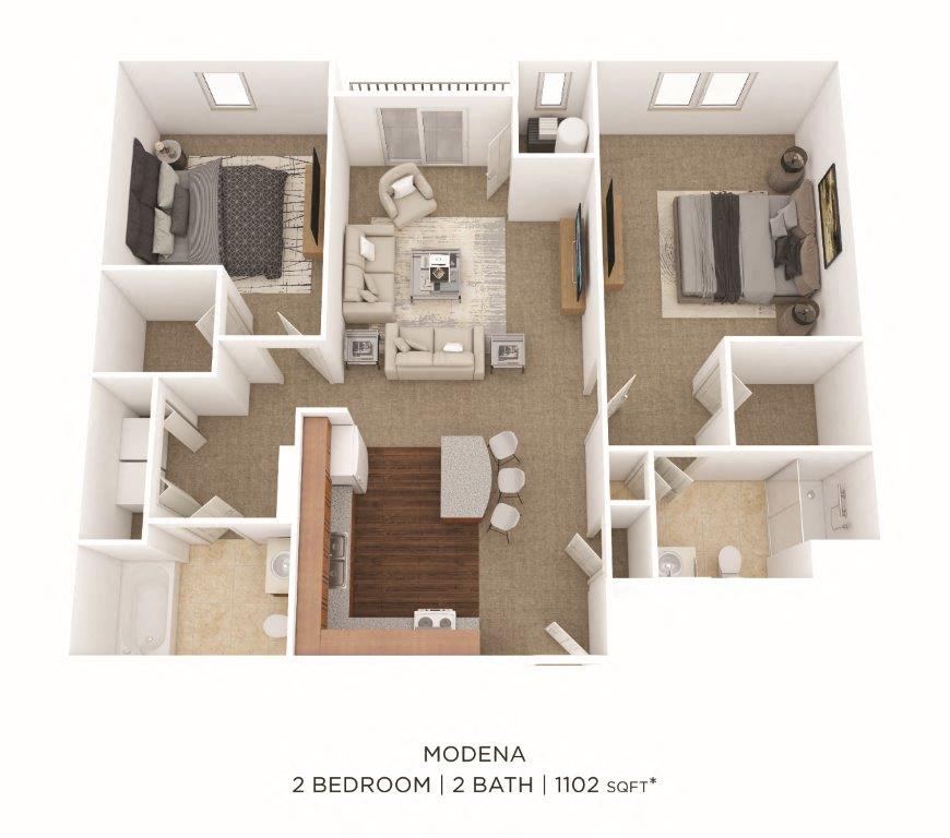 Floor plan for 2 beds, 2 baths, 1102 sqft