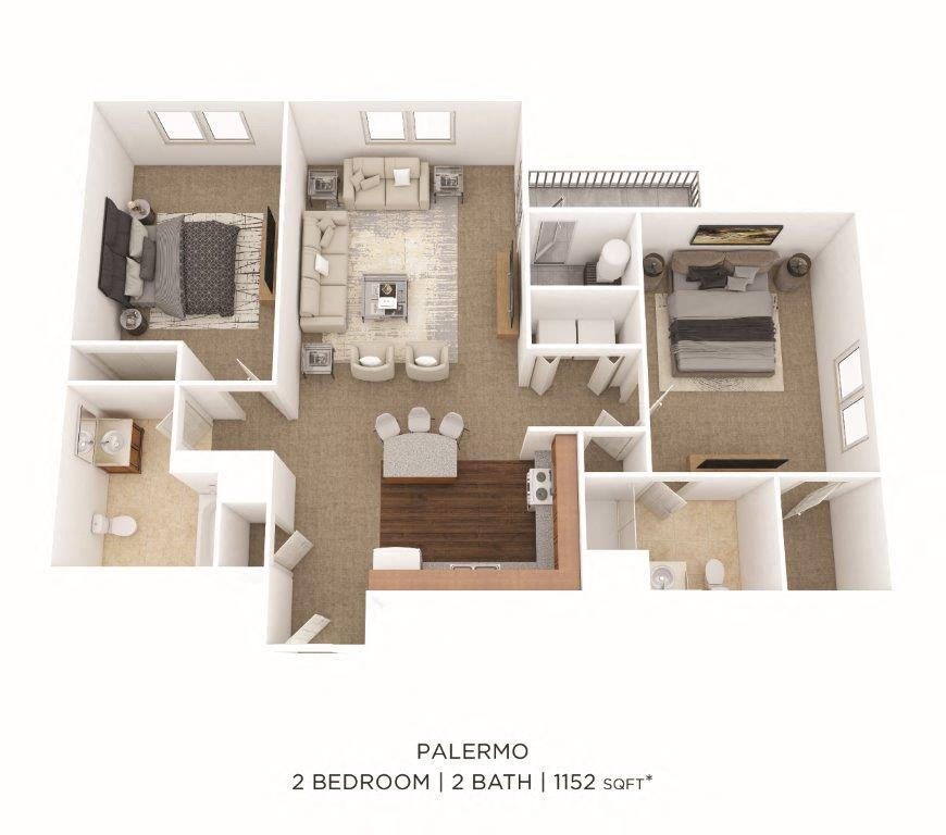 Floor plan for 2 beds, 2 baths, 1152 sqft