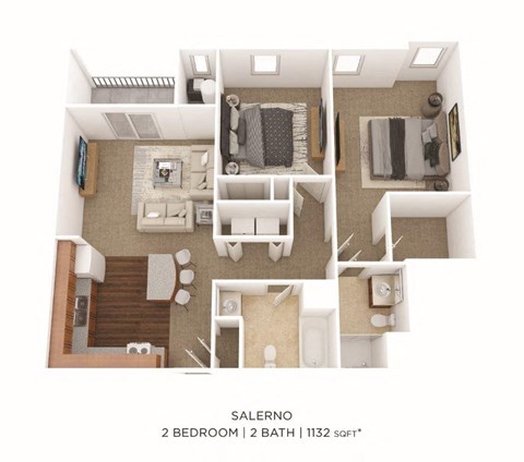 Floor plan for 2 beds, 2 baths, 1132 sqft