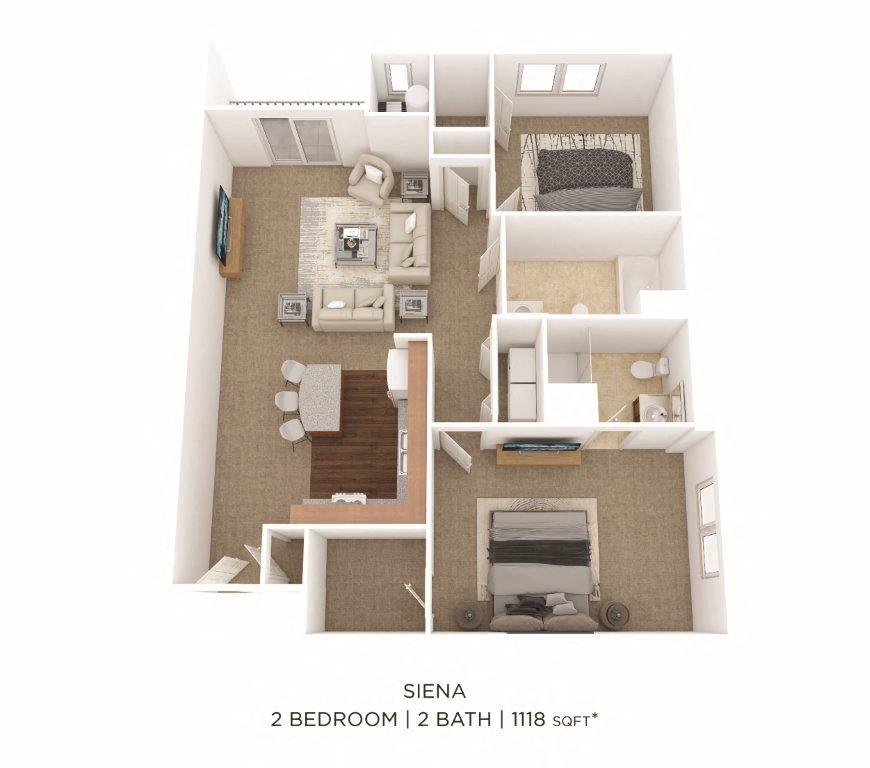 Floor plan for 2 beds, 2 baths, 1118 sqft