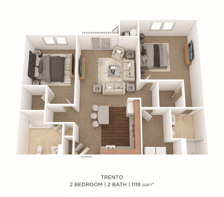 Floor plan for 2 beds, 2 baths, 1118 sqft